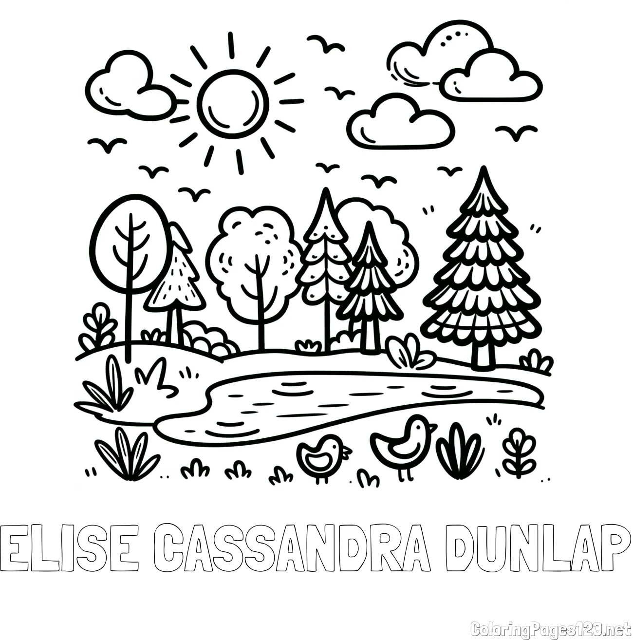 ELISE CASSANDRA DUNLAP Coloring Page and Summer Coloring Page - Pond, Ducks and Forest