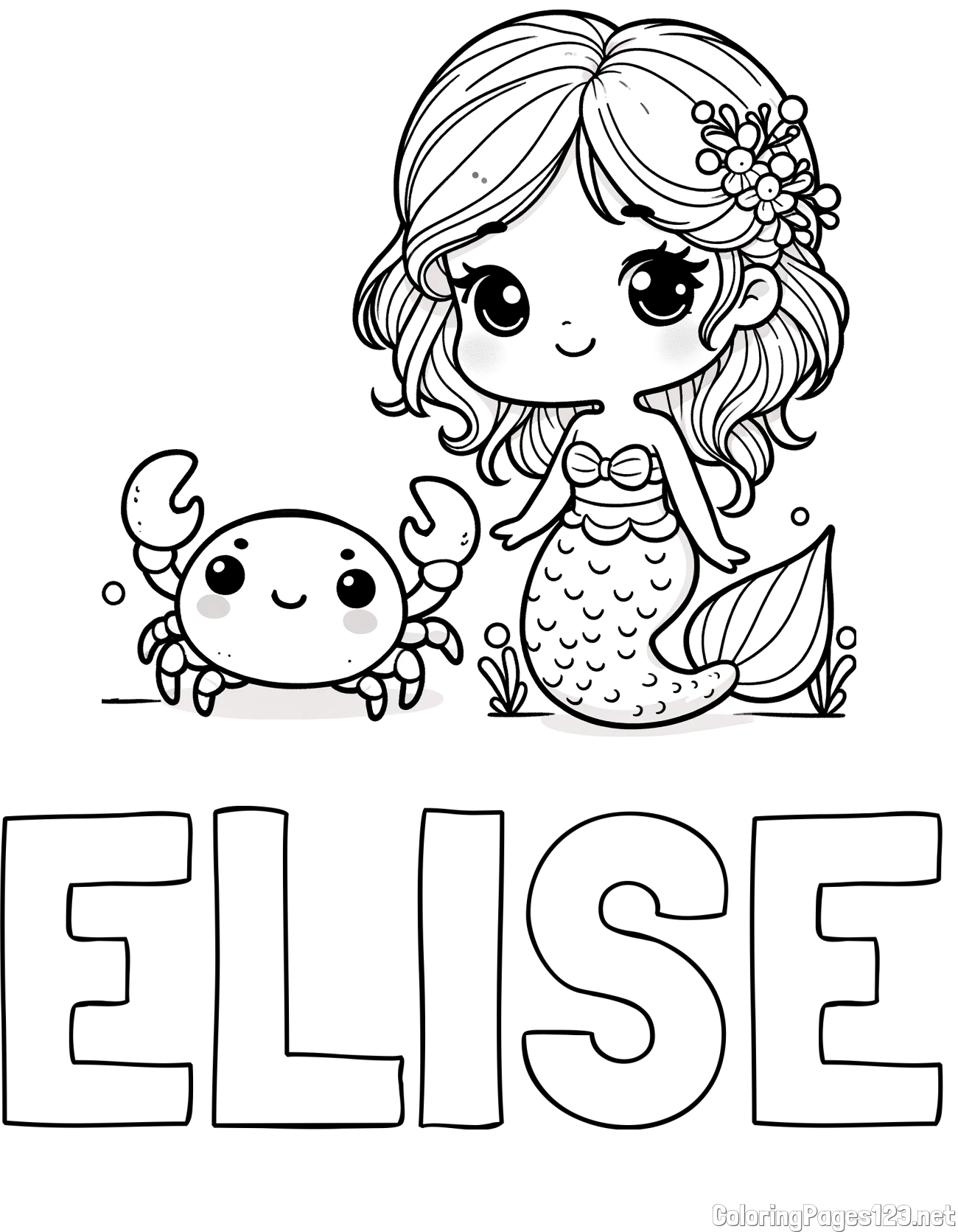 ELISE Coloring Page and Coloring Page of a Cute Mermaid and a Cheerful Crab