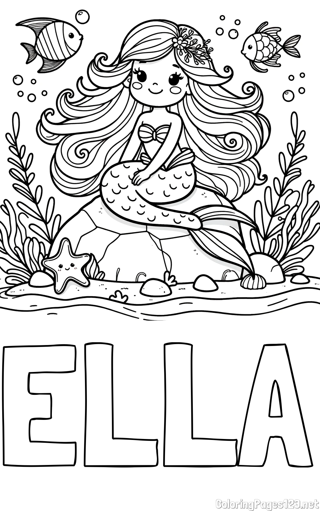 ELLA Coloring Page and Coloring Page of a Cute Little Mermaid