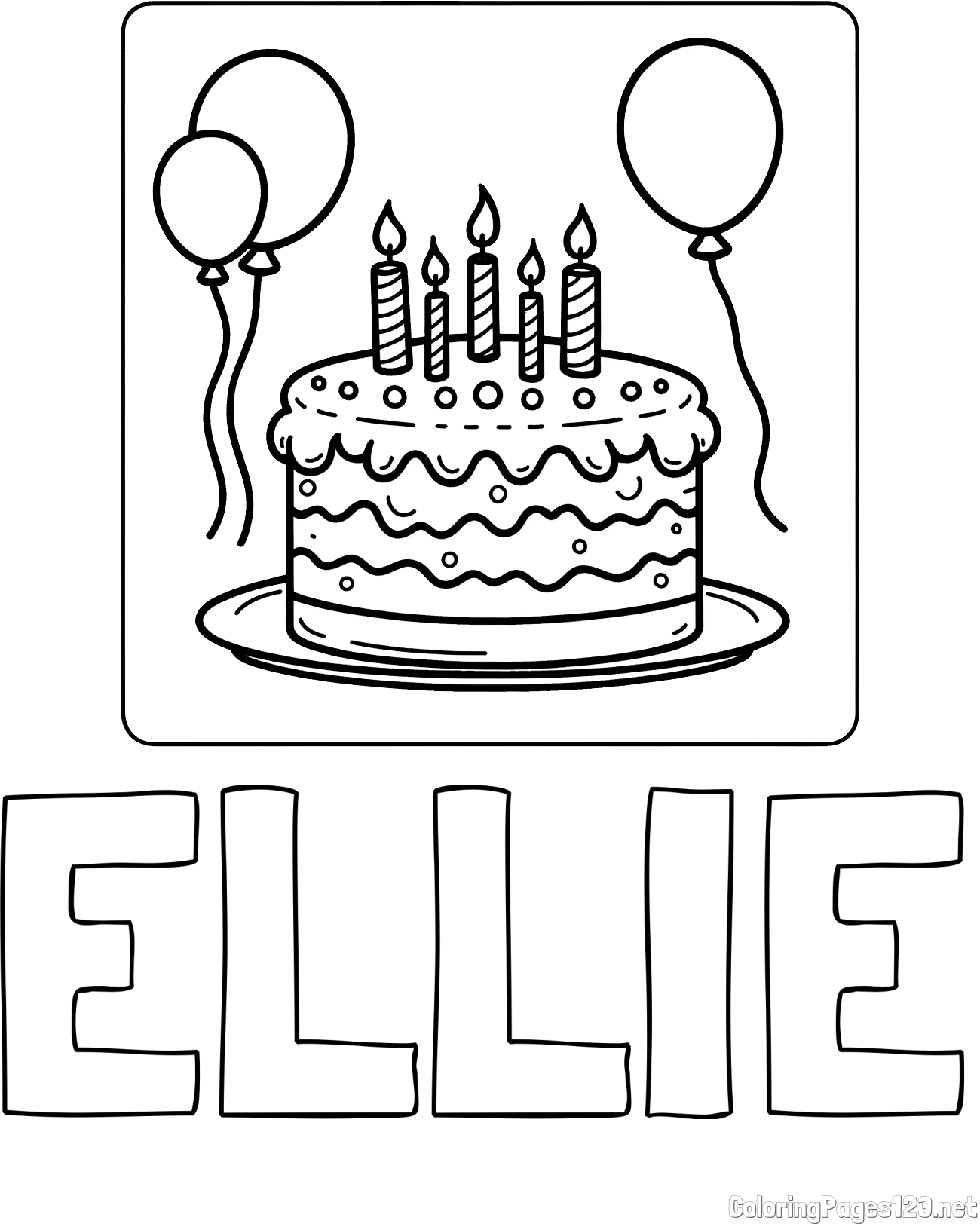 ELLIE Coloring Page and 5th Birthday Cake Coloring Page