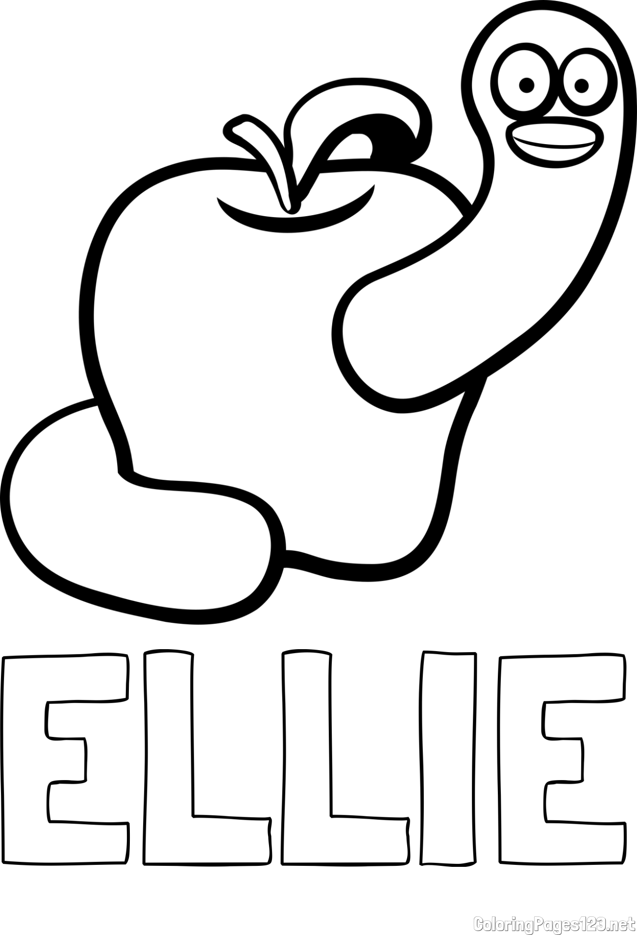 ELLIE Coloring Page and Apple and Smiling Worm Coloring Page