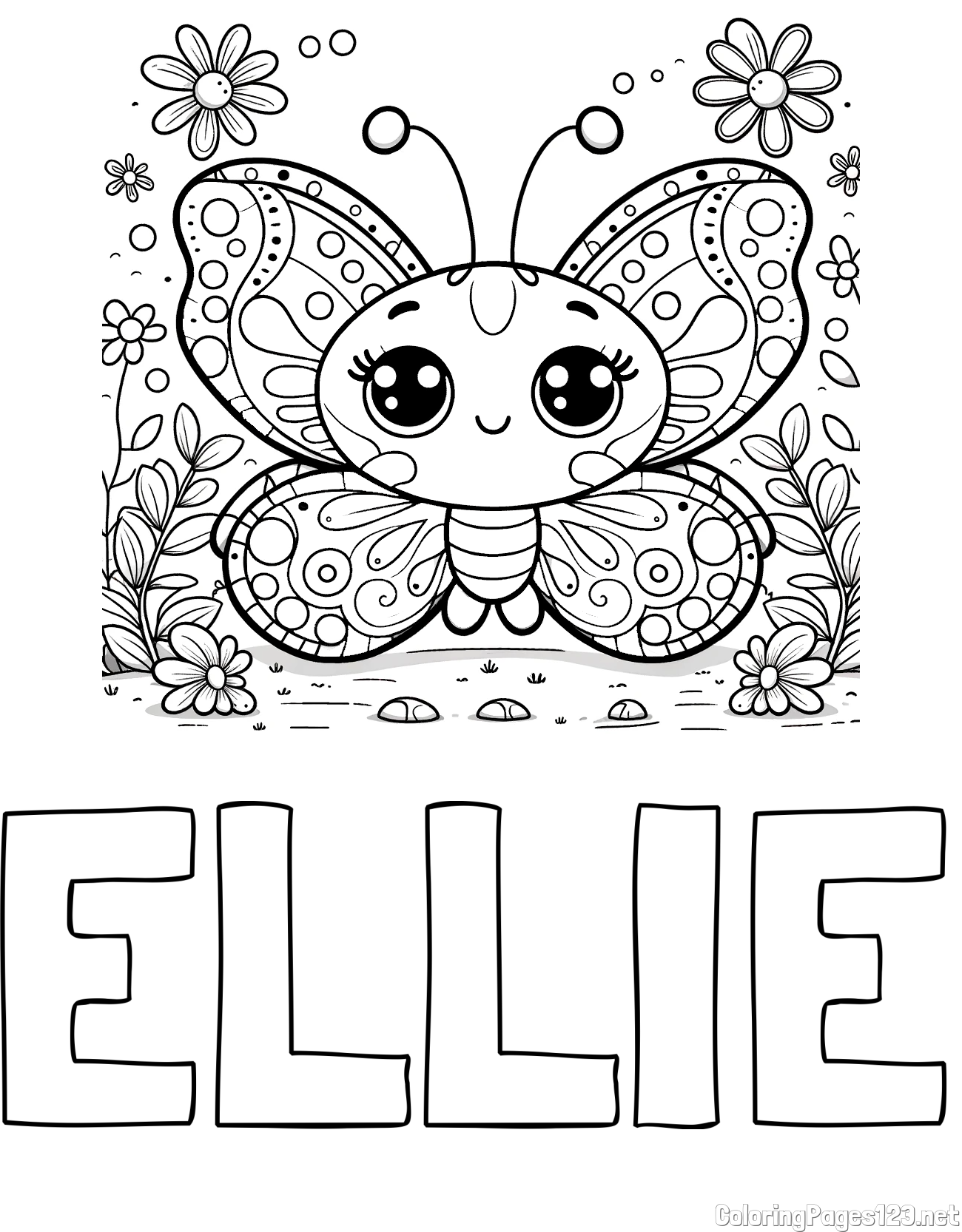 ELLIE Coloring Page and Cute Butterfly Coloring Page