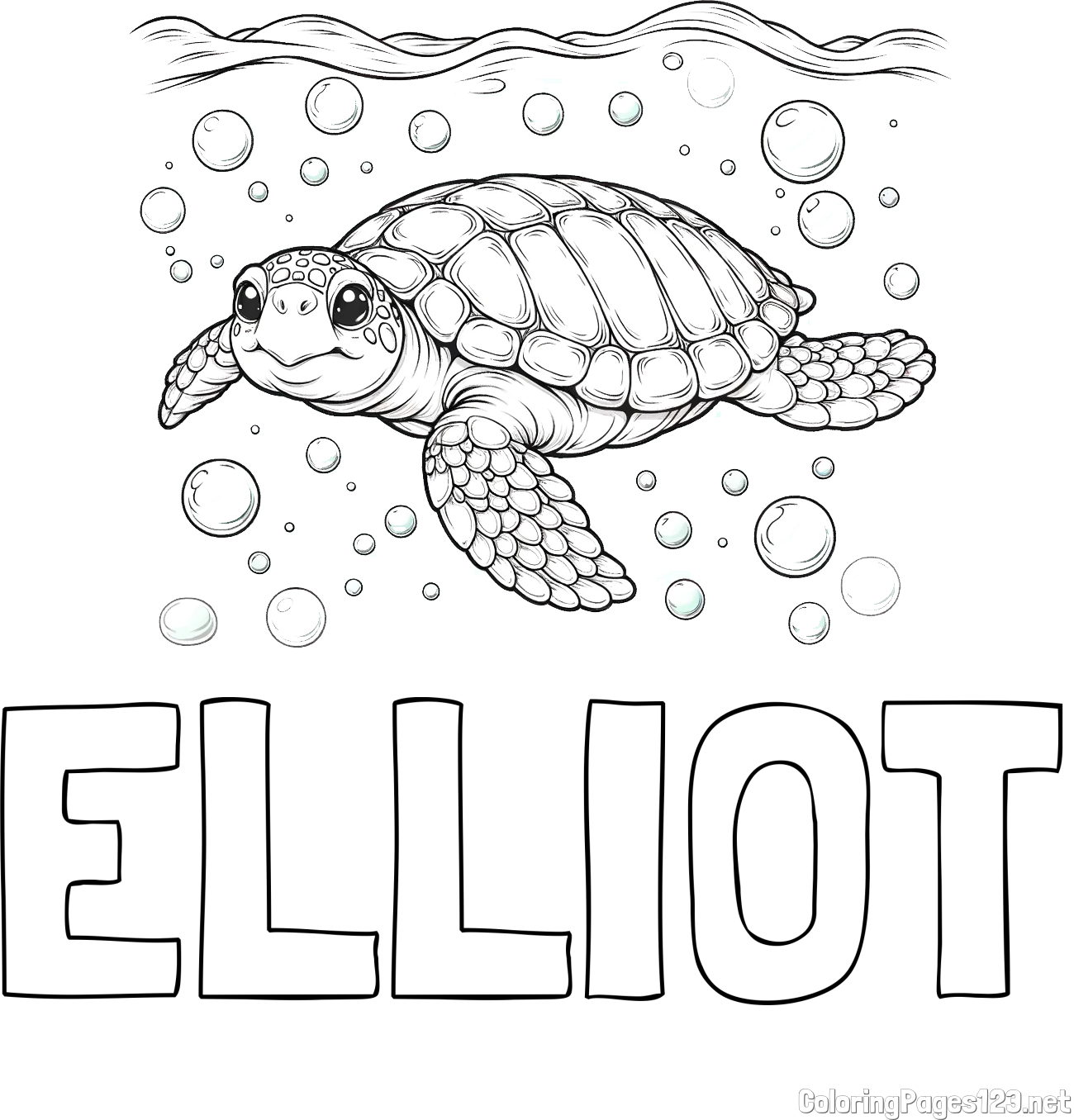 ELLIOT Coloring Page and Coloring Page of a Sea Turtle Swimming in the Ocean