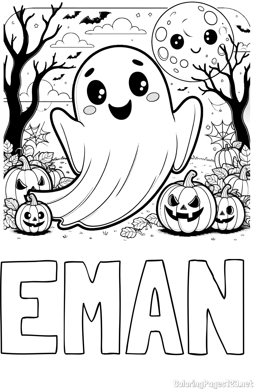 EMAN Coloring Page and Halloween Coloring Page of a Ghost with Pumpkins