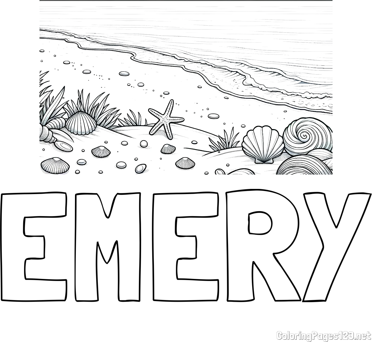 EMERY Coloring Page and Beautiful Seashore Coloring Page