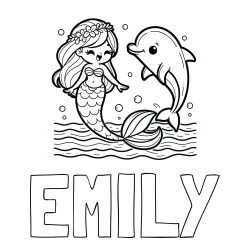 EMILY Coloring Page alongside Coloring Page of a Cute Mermaid Dancing with a Dolphin