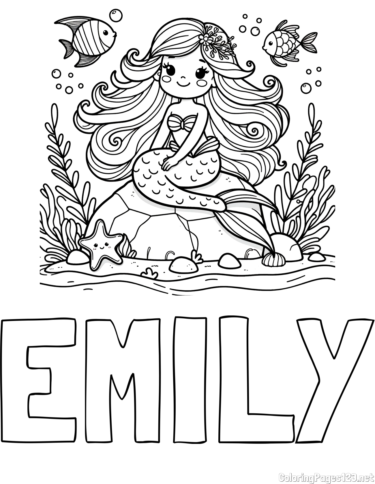 EMILY Coloring Page and Coloring Page of a Cute Little Mermaid
