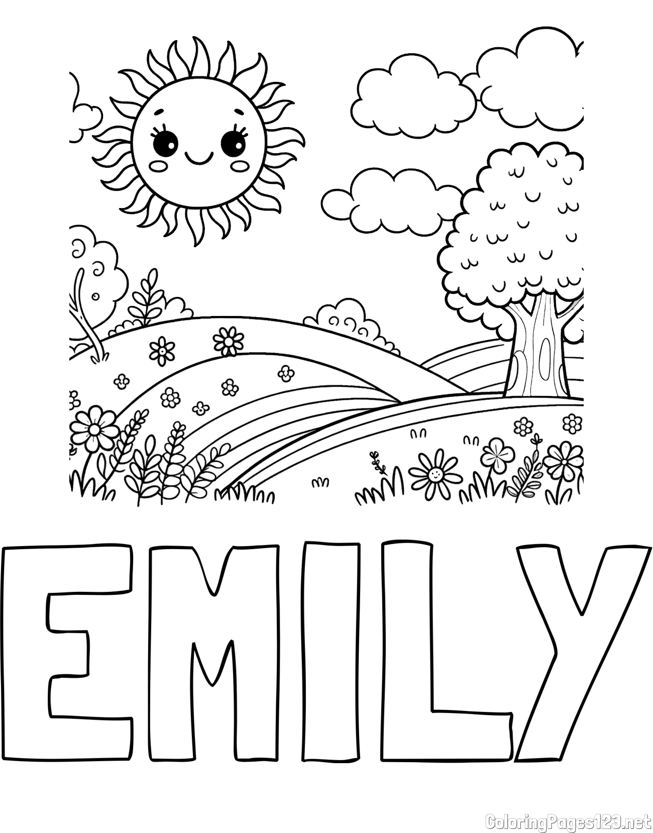 EMILY Coloring Page and Sunny Nature Coloring Page