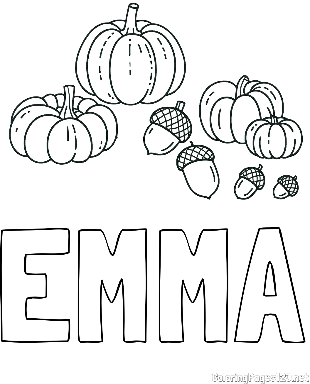 EMMA Coloring Page and Autumn Harvest Coloring Page - Acorns and Pumpkins