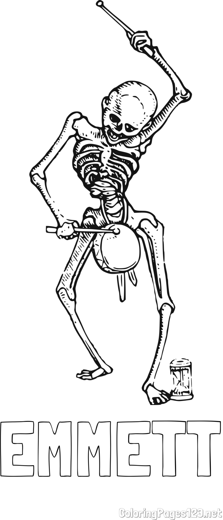 EMMETT Coloring Page and Skeleton Playing Drums Coloring Page