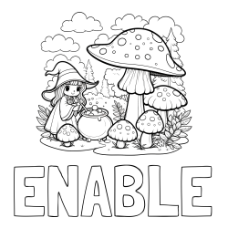 Online Created Coloring Page - ENABLE Coloring Page and Coloring Page of a Cute Witch, Mushrooms, and a Forest