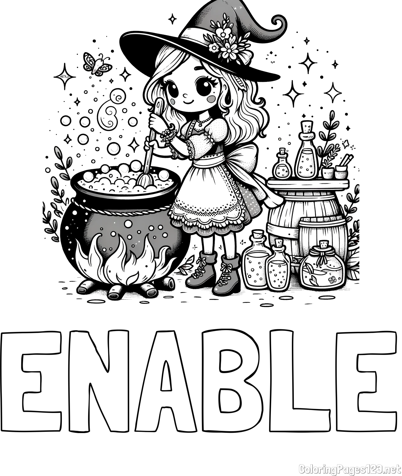 ENABLE Coloring Page and Coloring Page of a Cute Witch Preparing a Magic Potion