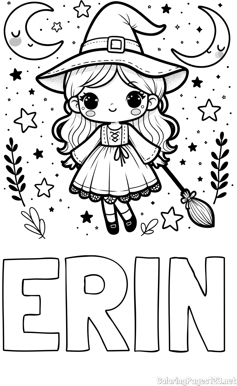 ERIN Coloring Page and Coloring Book of a Cute Witch