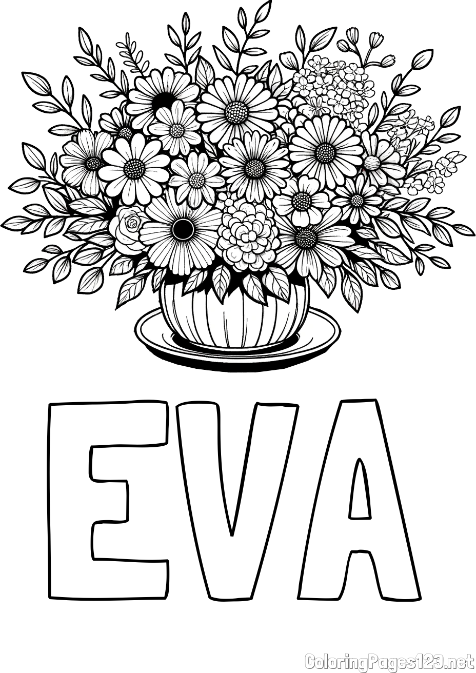 EVA Coloring Page and Beautiful Bouquet of Flowers Coloring Page