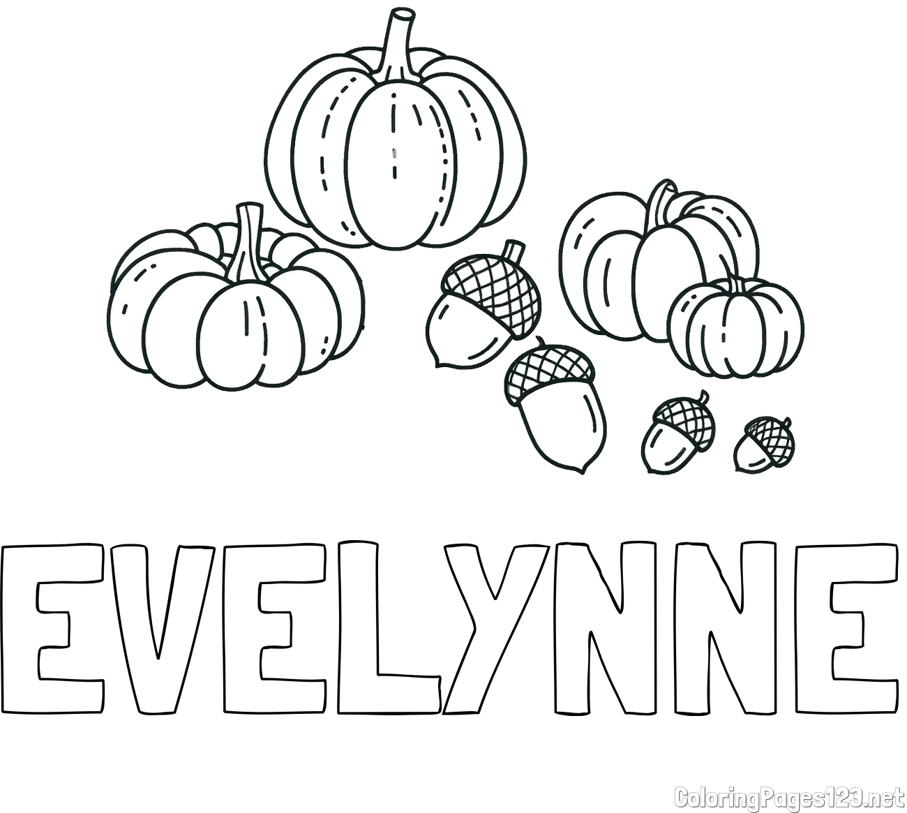 EVELYNNE Coloring Page and Autumn Harvest Coloring Page - Acorns and Pumpkins