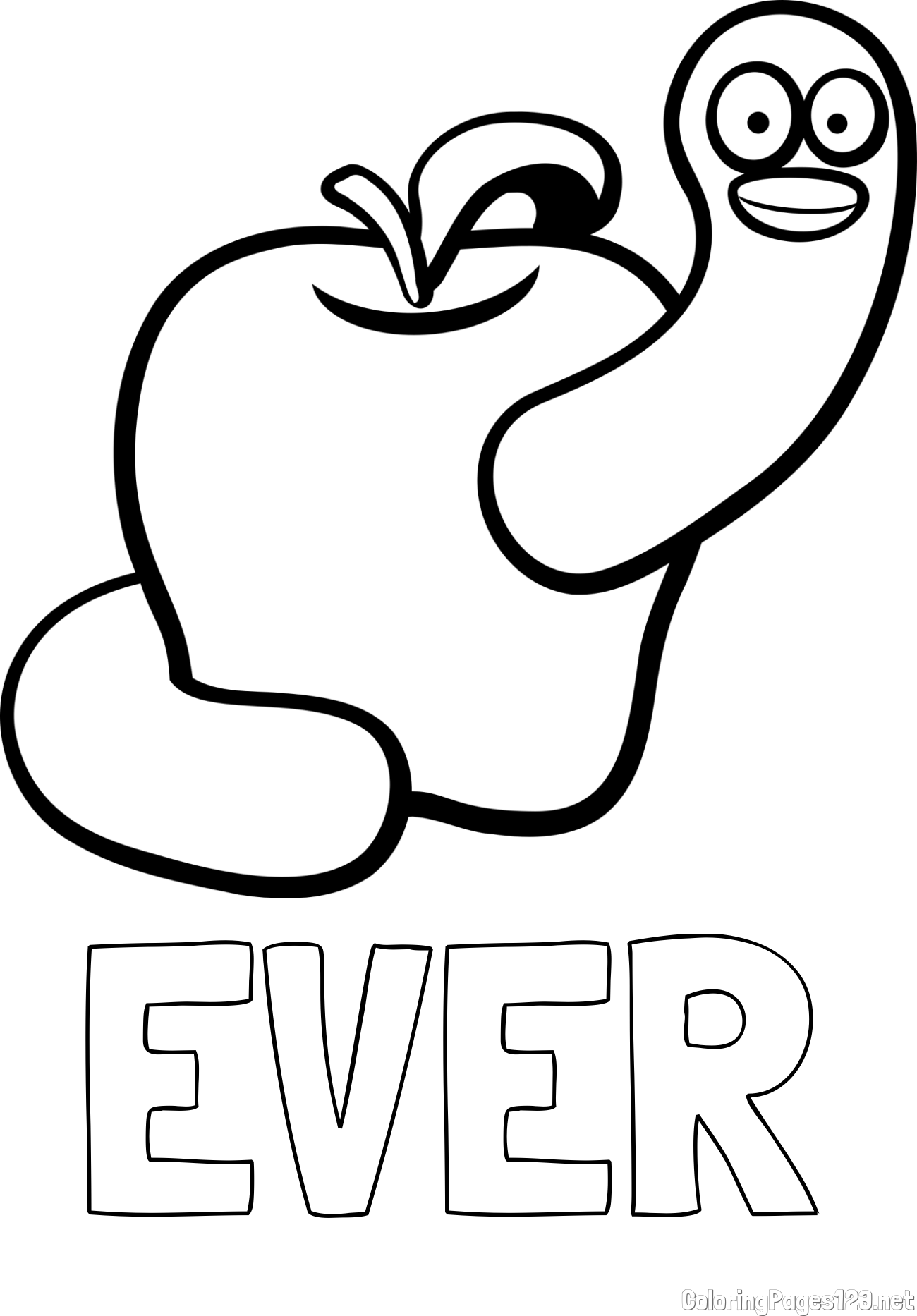 EVER Coloring Page and Apple and Smiling Worm Coloring Page