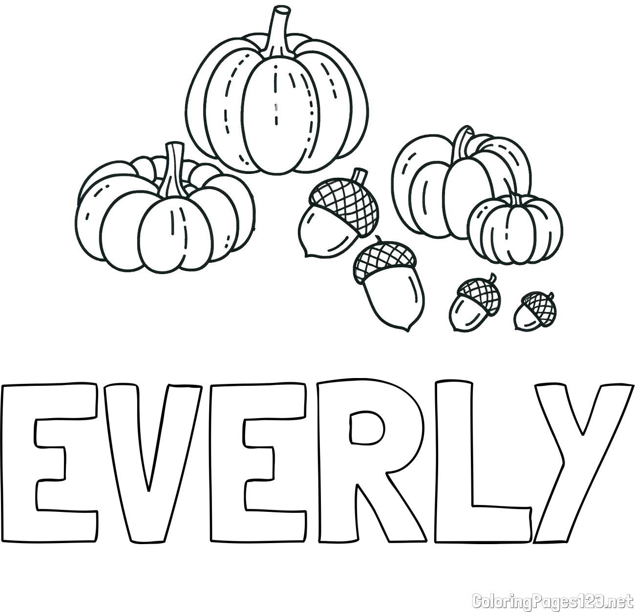 EVERLY Coloring Page and Autumn Harvest Coloring Page - Acorns and Pumpkins