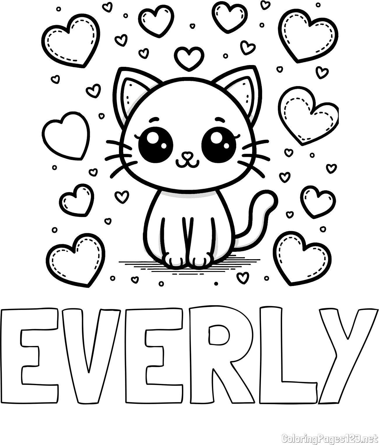 EVERLY Coloring Page and Free Coloring Page of a Cat and Hearts