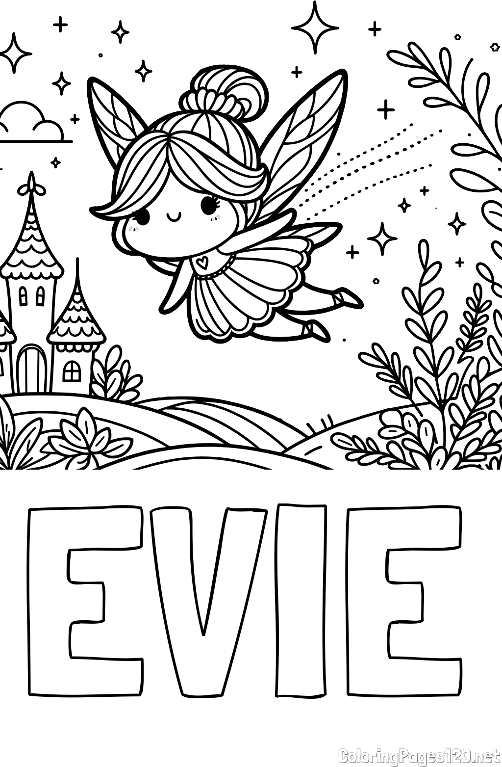 EVIE Coloring Page and Coloring Page of a Fairy Flying Over a Fairy-Tale Landscape