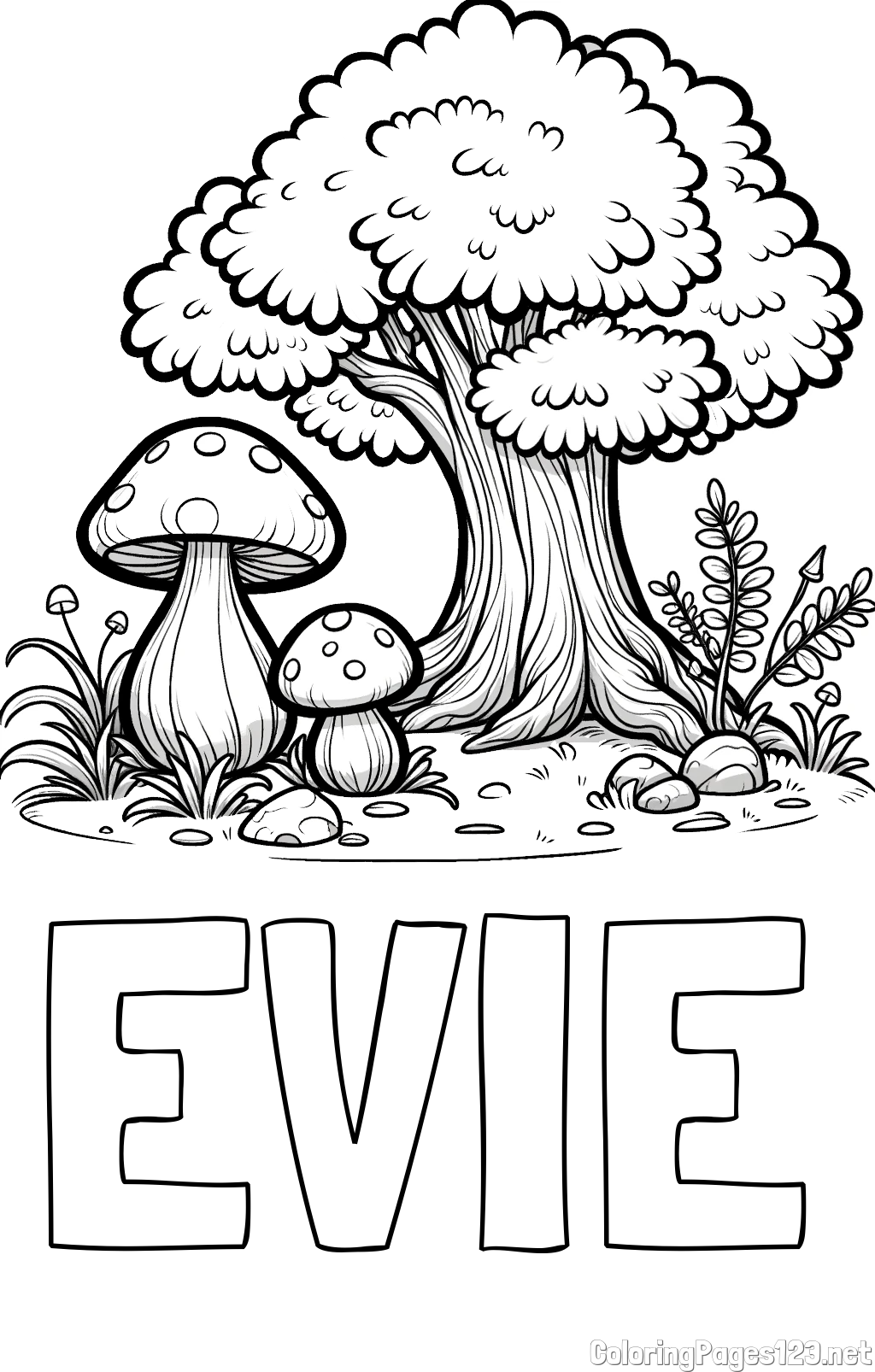 EVIE Coloring Page and Coloring Page of Two Mushrooms and a Big Tree