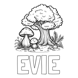 Online Created Coloring Page - EVIE Coloring Page and Coloring Page of Two Mushrooms and a Big Tree