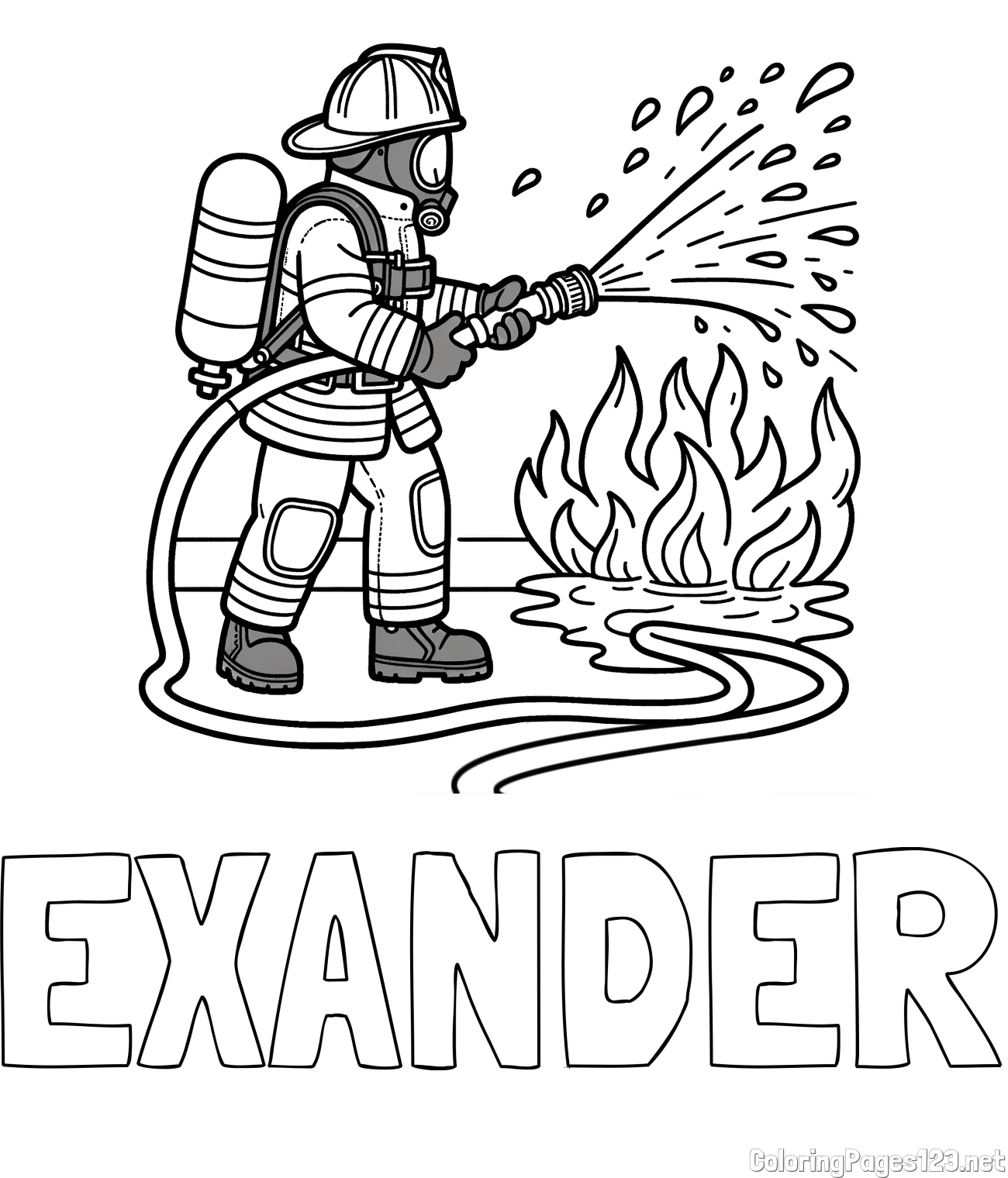 EXANDER Coloring Page and A coloring page of a firefighter and a big fire