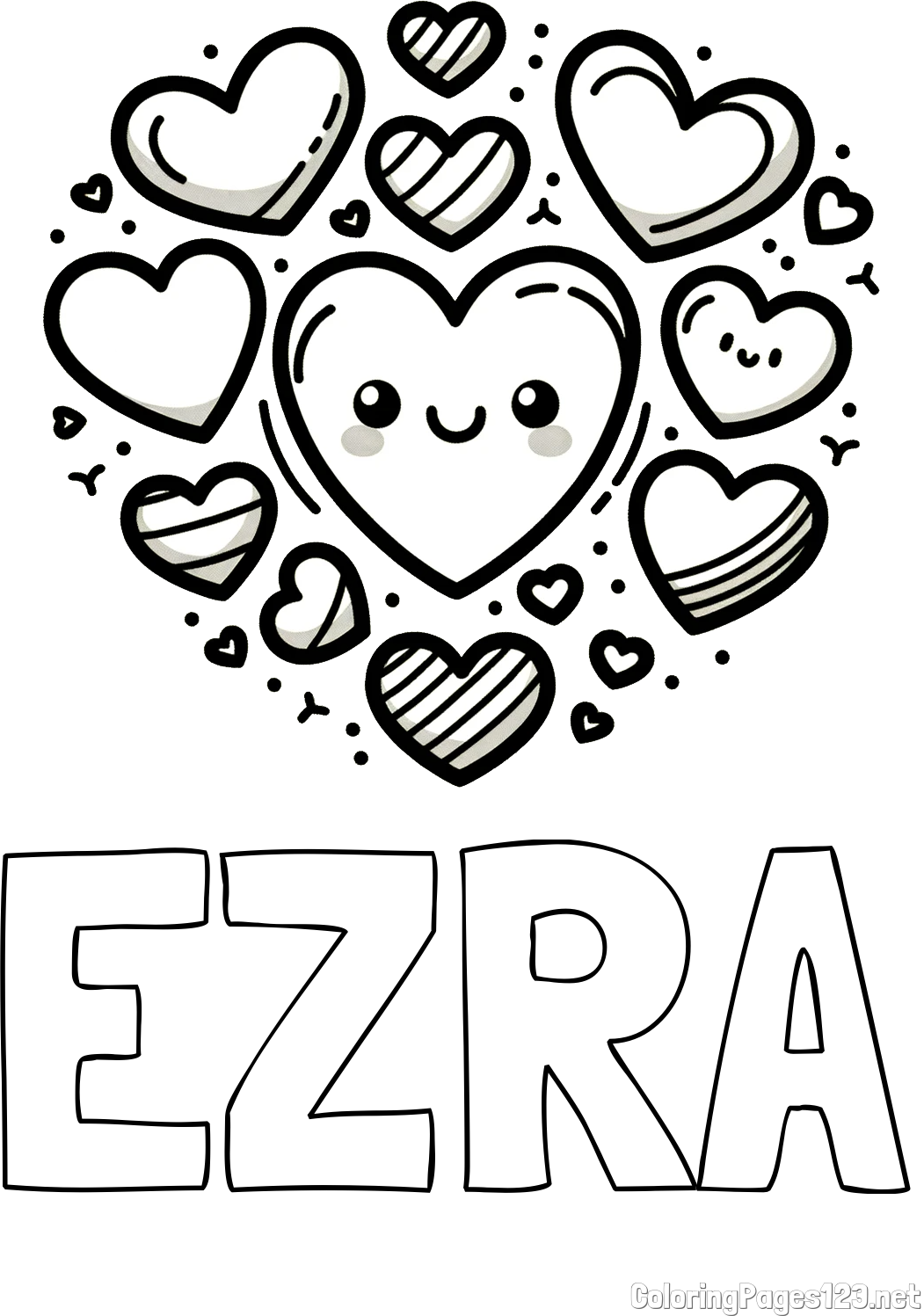 EZRA Coloring Page and Coloring Page of a Cute Cat Surrounded by Hearts