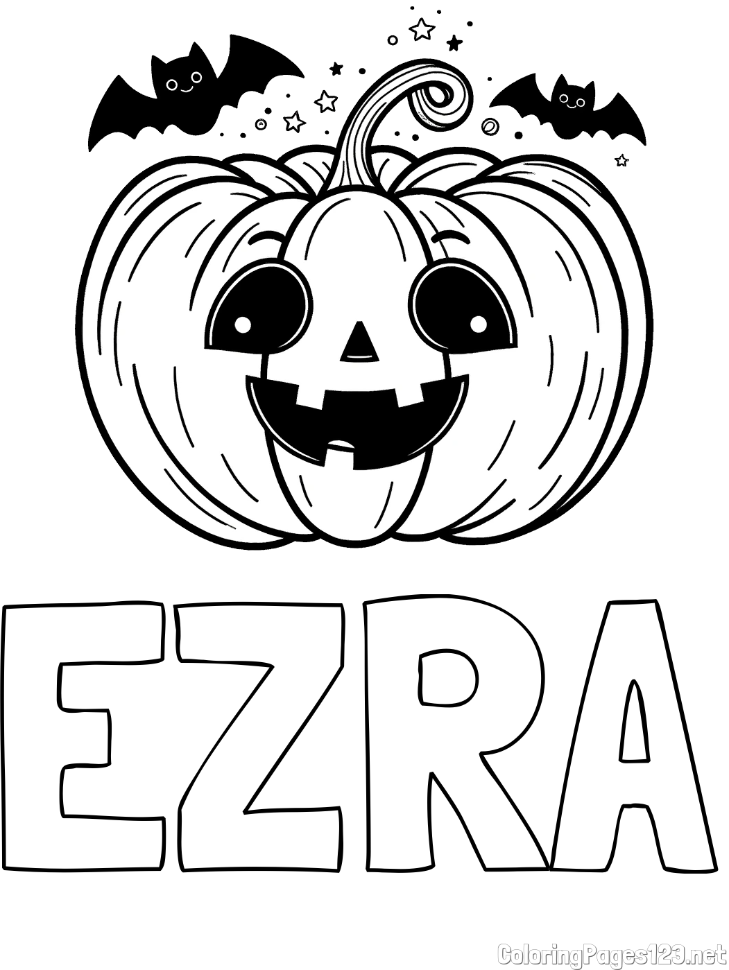 EZRA Coloring Page and Halloween Pumpkin and Bats Coloring Page