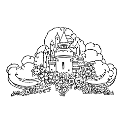 Fairytale Castle Coloring Page - Surrounded by Clouds and Flowers