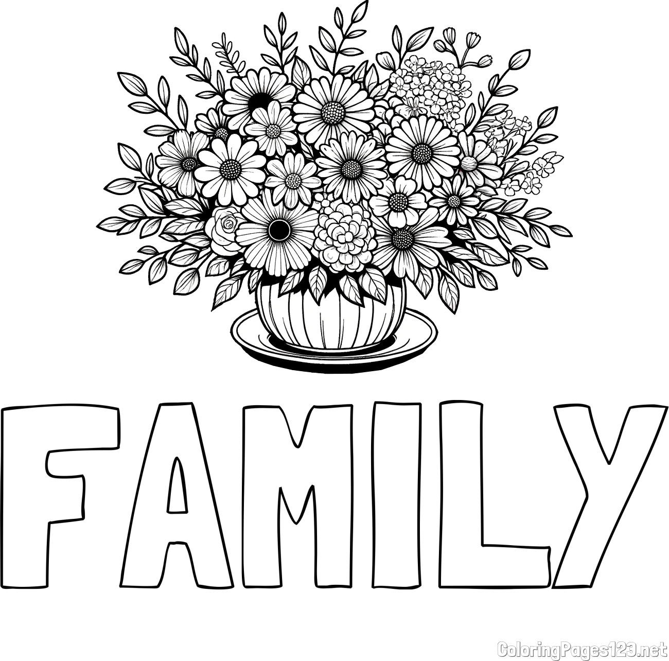 FAMILY Coloring Page and Beautiful Bouquet of Flowers Coloring Page