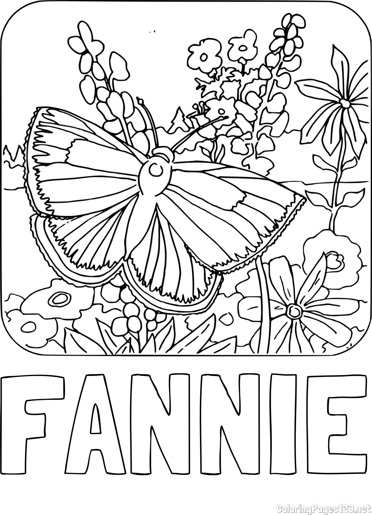 FANNIE Coloring Page and Butterfly on Flower Coloring Page
