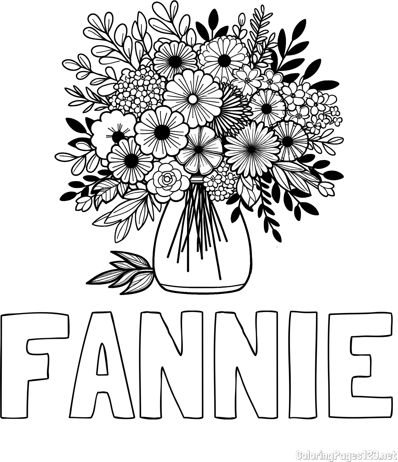 FANNIE Coloring Page and Flower Bouquet Coloring Page