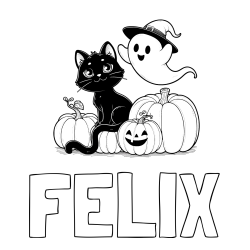 Online Created Coloring Page - FELIX Coloring Page and Halloween Pumpkin Coloring Page for Kids - Happy Cat, Ghost, and Pumpkins