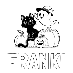 Online Created Coloring Page - FRANKI Coloring Page and Halloween Pumpkin Coloring Page for Kids - Happy Cat, Ghost, and Pumpkins