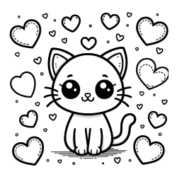 Free Coloring Page of a Cat and Hearts