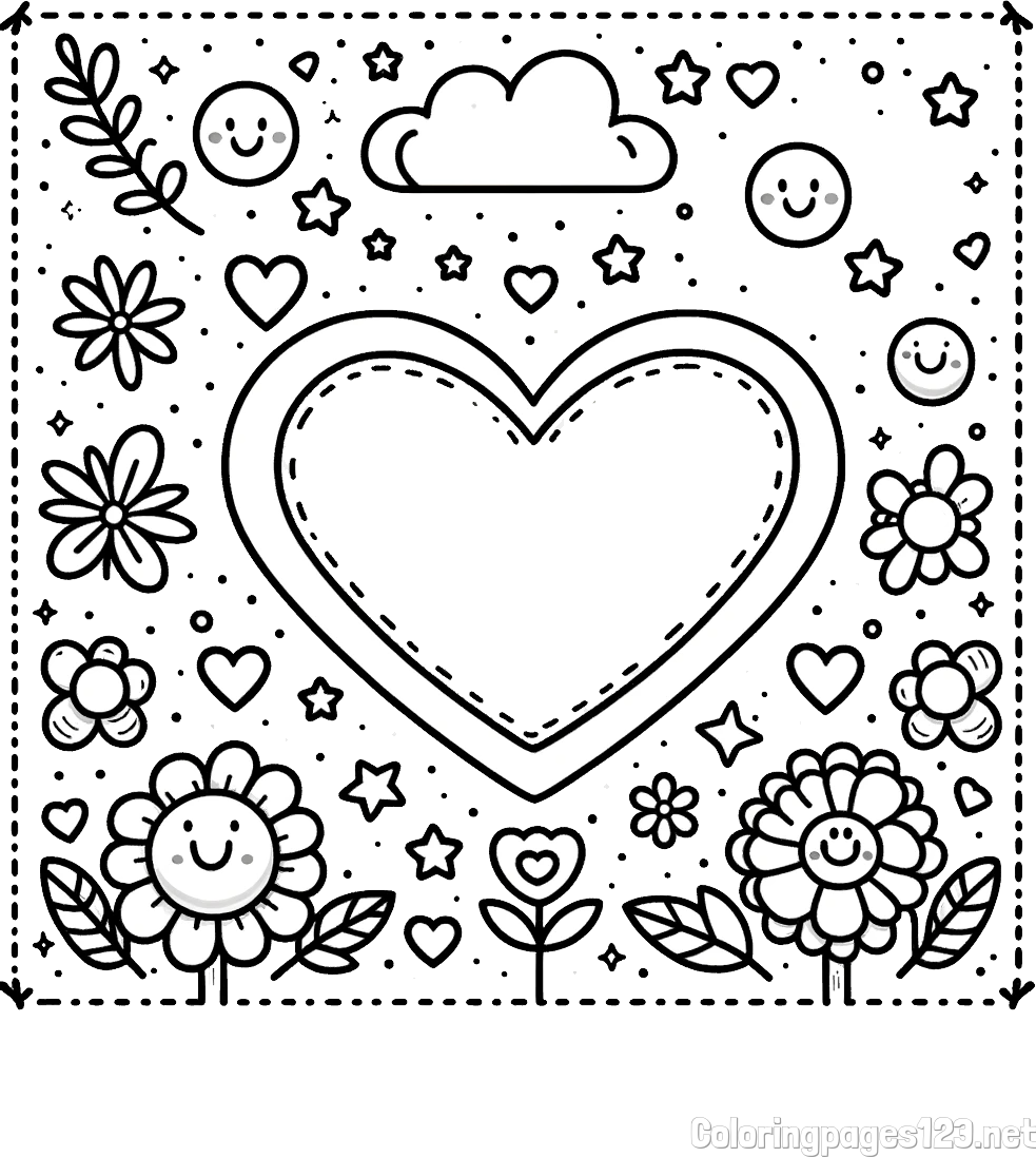 Free Printable Coloring Page of Heart and Flowers