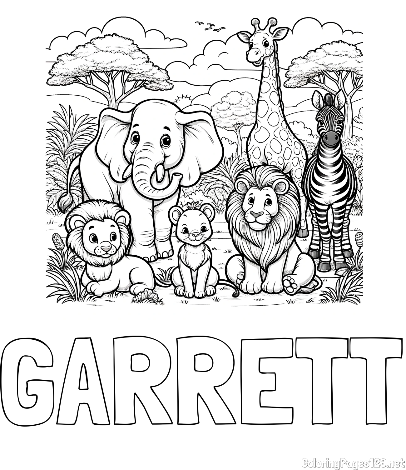 GARRETT Coloring Page and Beautiful Animal Coloring Page - Lion Family, Elephant, Giraffe, and Zebra