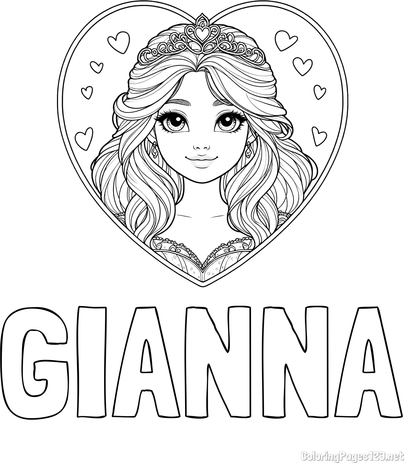 GIANNA Coloring Page and Coloring Page of a Smiling Princess with Big Eyes in a Heart