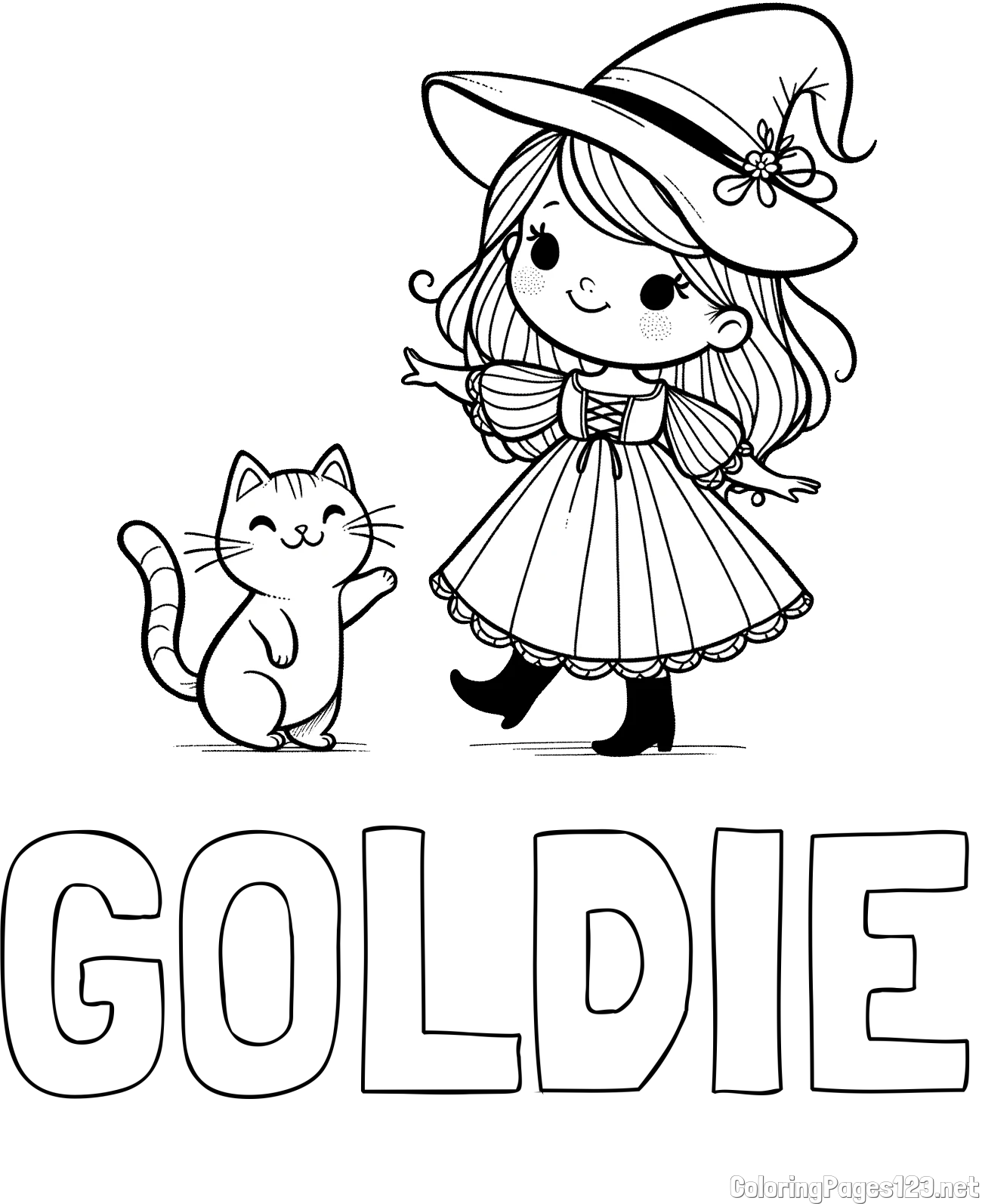 GOLDIE Coloring Page and Coloring Page of a Cute Witch and a Subordinate Cat