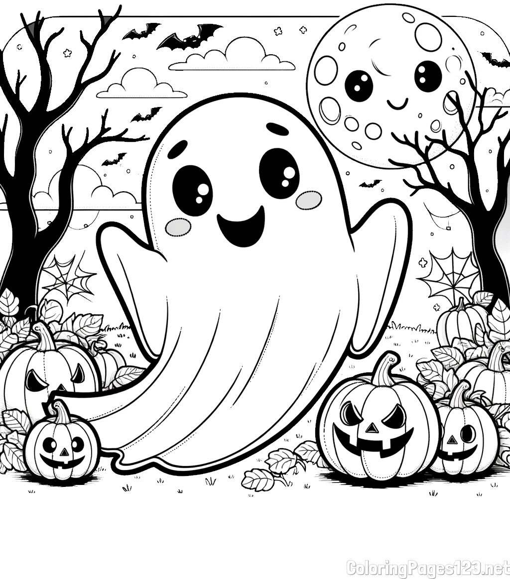 Halloween Coloring Page of a Ghost with Pumpkins