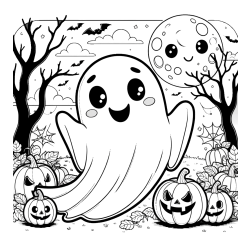 Halloween Coloring Page of a Ghost with Pumpkins