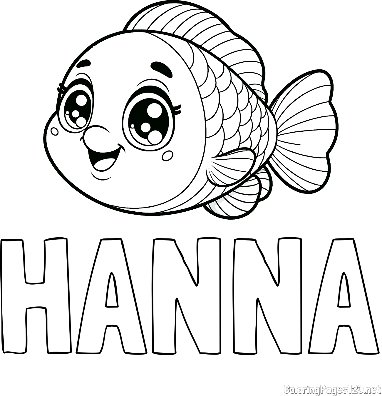 HANNA Coloring Page and Free Coloring Page of a Smiling Fish