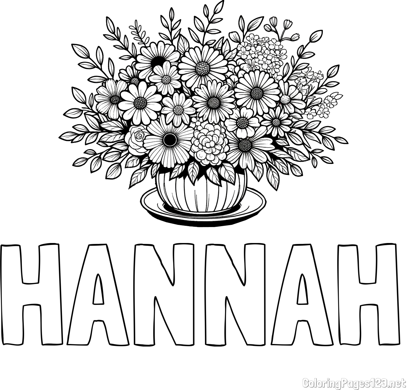 HANNAH Coloring Page and Beautiful Bouquet of Flowers Coloring Page