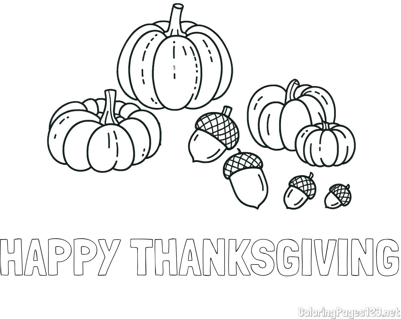 HAPPY THANKSGIVING Coloring Page and Autumn Harvest Coloring Page - Acorns and Pumpkins