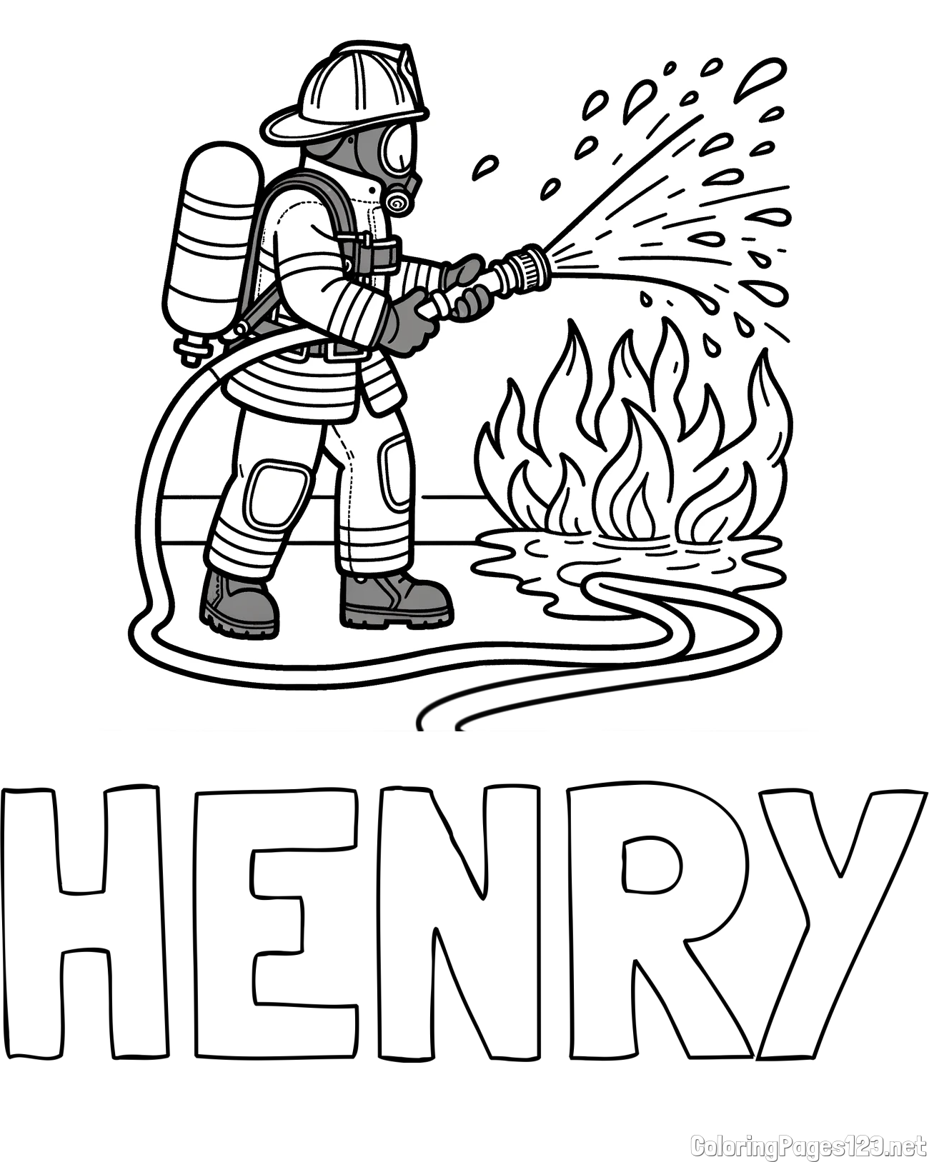 HENRY Coloring Page and A coloring page of a firefighter and a big fire