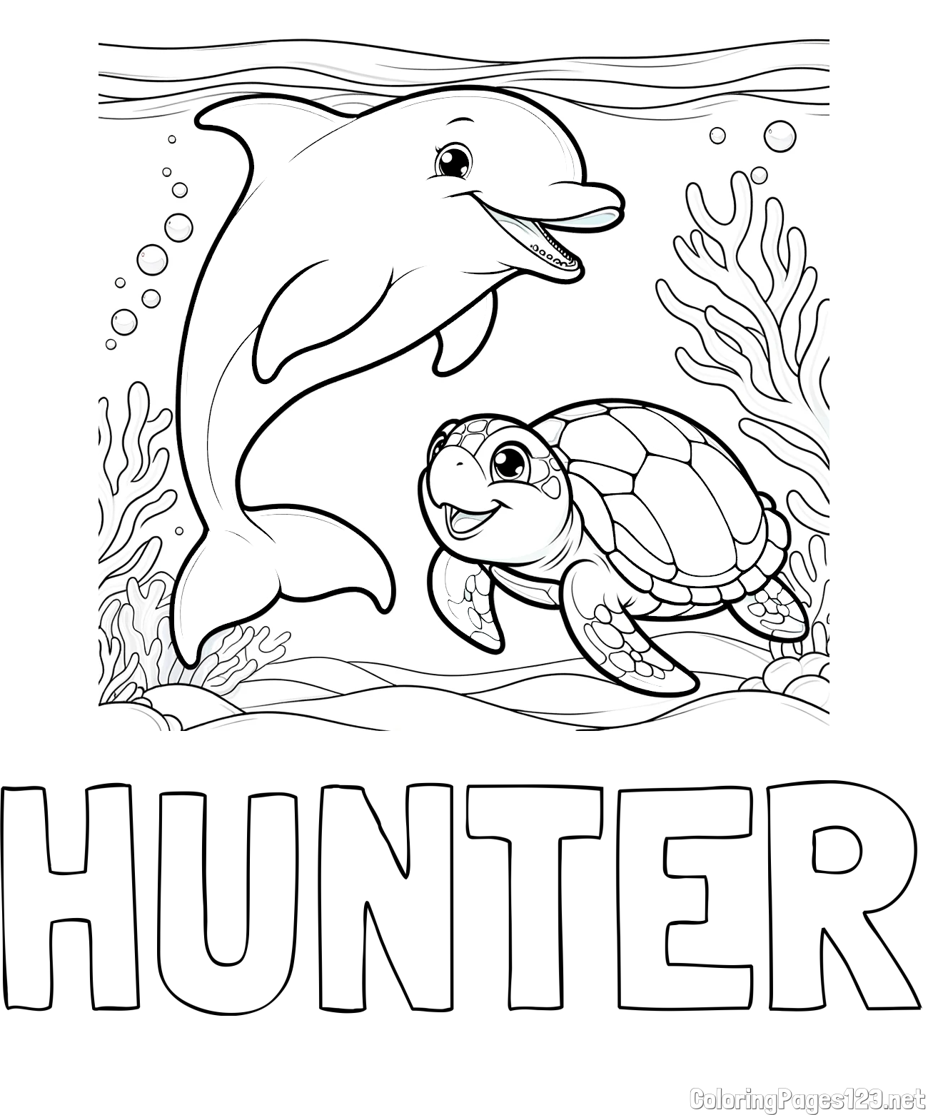 HUNTER Coloring Page and Coloring Book of a Cute Dolphin with a Turtle in the Sea