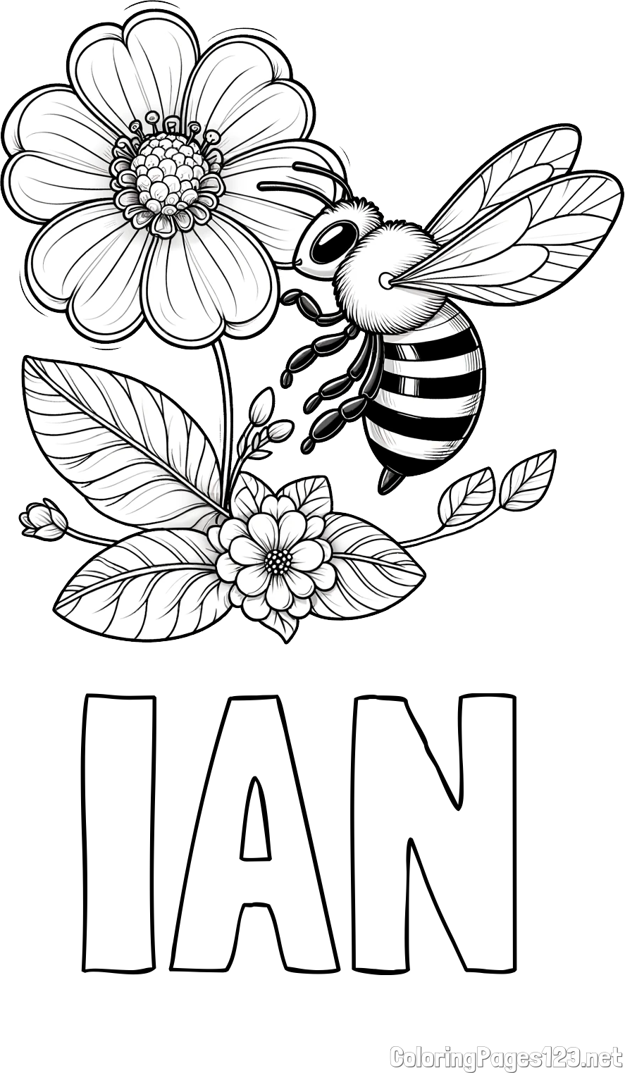 IAN Coloring Page and Children's Coloring Book of a Little Bee and Flowers