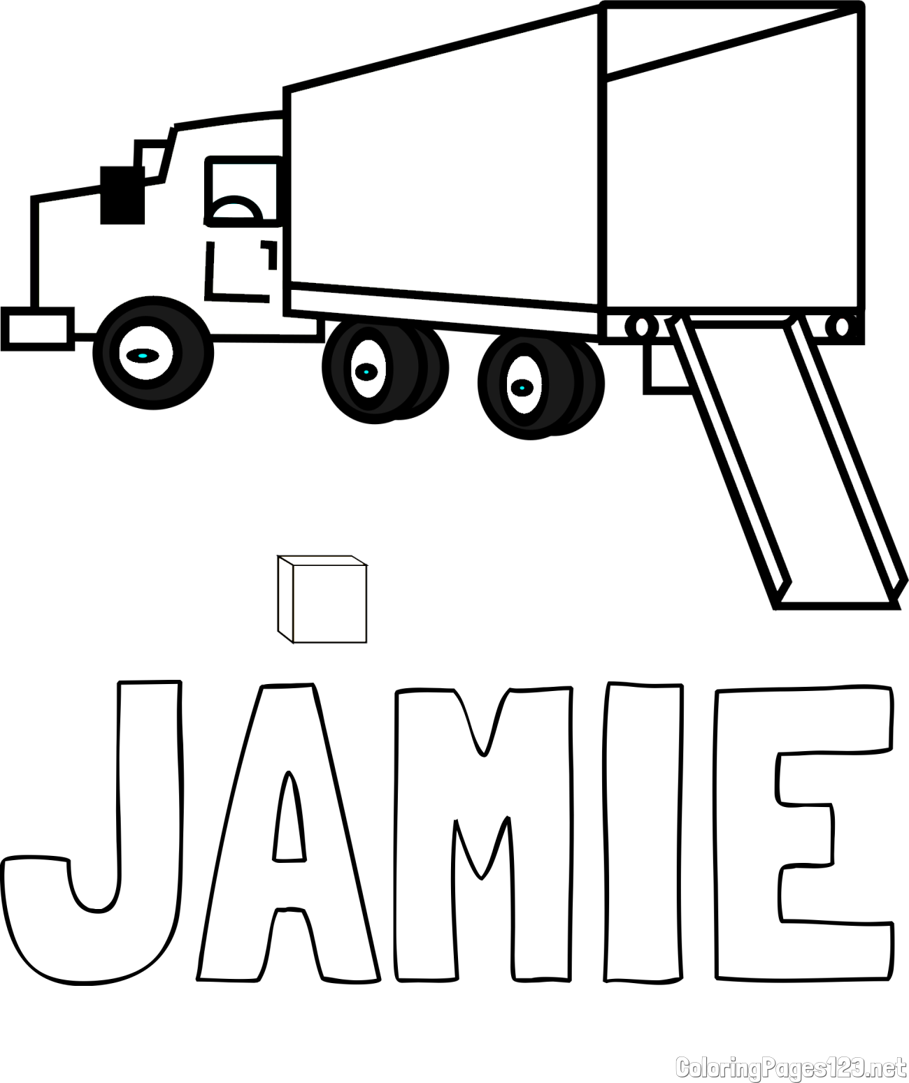 JAMIE Coloring Page and Kids' Truck Coloring Page with Open Trailer