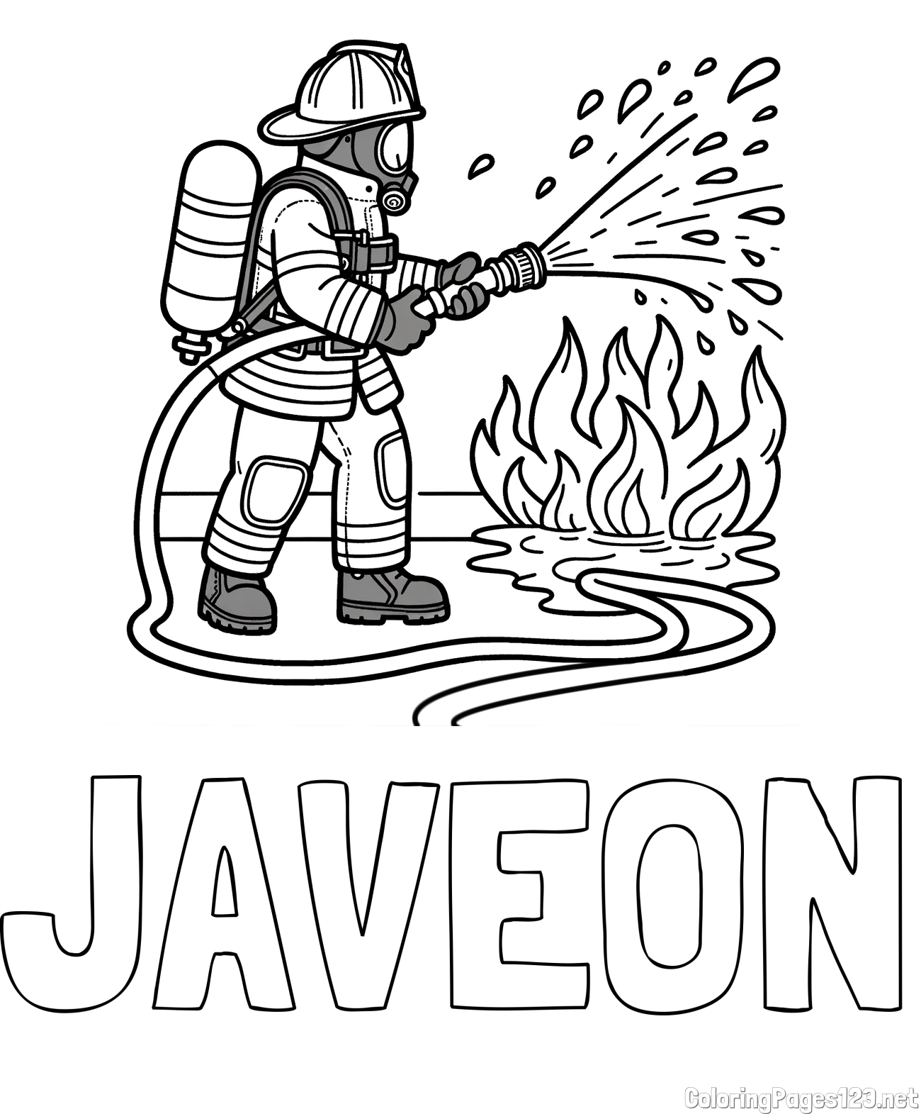 JAVEON Coloring Page and A coloring page of a firefighter and a big fire