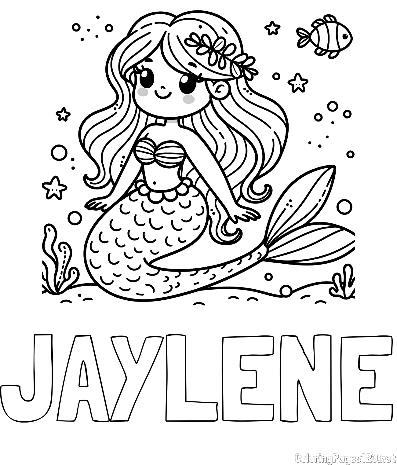 JAYLENE Coloring Page and Coloring Page of a Cute Mermaid in the Sea